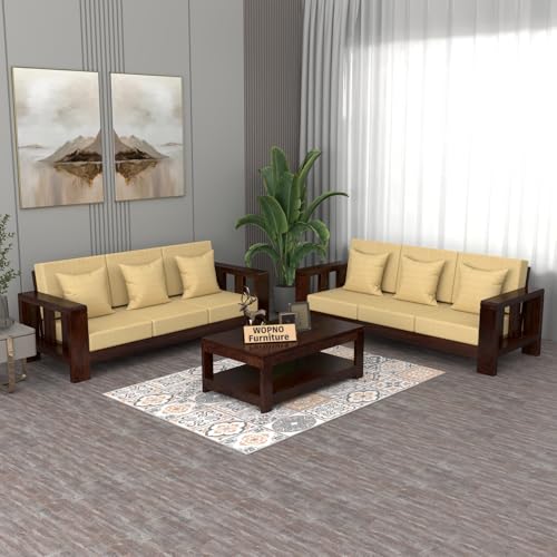 Image of Solid Sheesham Wood Sofa Set 6 Seater for Living Room | Wooden 6-Person Sofa Set for Home Office | 3+3 Sofa Sets for Living Room | (Walnut Finish, 6 Seater)
