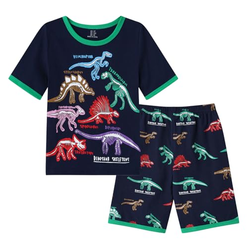 Dinopjs Boys Dinosaur Pyjamas Set Cotton Short Sleeved Summer Pjs for Kids Pajamas 3-8 Years Children Clothes Deep-blue
