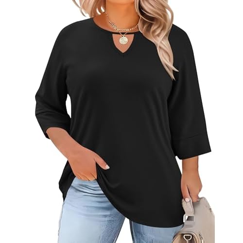 Rapbin Womens Plus Size Tops 3/4 Length Sleeve Shirts Crewneck Dressy Casual Blouses Trendy Keyhole Tunic Top XL-5XL Black 5X-Large
