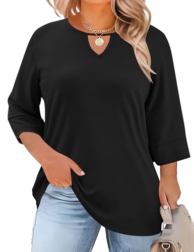 Rapbin Black Tops Plus Size Spring Clothes for Women 3/4 Sleeve T Shirts Dressy Round Neck Tunic Fashion Hollow Basic Top XXL