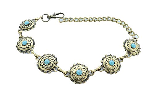 Women Western Fashion Jewelry Antique Metal Boot Chain Anklet Shoe Flower Charm Strap Turquoise Blue Bead (Gold)