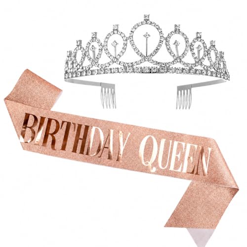 Image of Curated Cart Birthday Crown and Sash for Women Birthday Girl Sash & Rhinestone Tiara Set - Birthday Decorations Birthday Girl Crowns Tiaras for Women