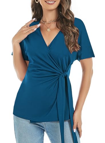 Summer Peacock Blue Cute Wrap V Neck Short Sleeve Tops for Women 2026 Trendy Dressy Casual Ladies Empire Waist Front Tie Knot T Shirts Batwing Dolman Blouse M