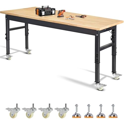 70'' Adjustable Workbench, Rubber Wood Top Work Bench