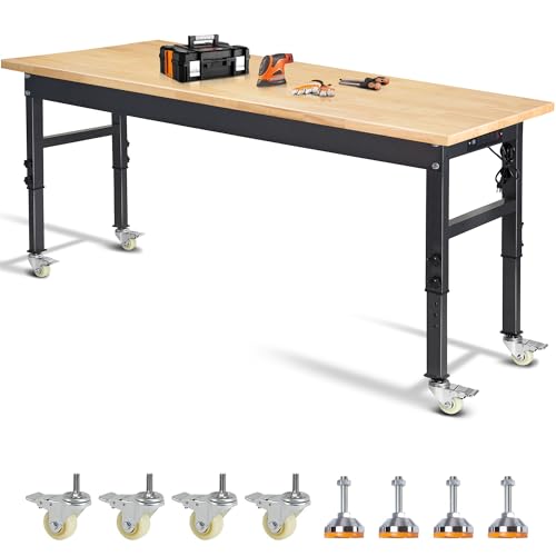 70'' Adjustable Workbench, Rubber Wood Top Work Bench