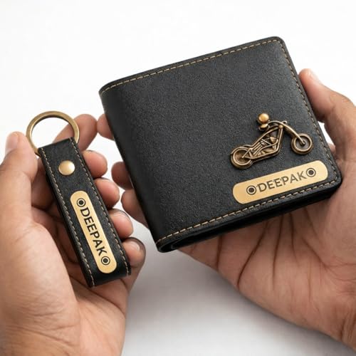Image of Customized Wallet & Keychain Combo for Men | Personalized Name Wallet Gift Set | Vegan Leather, Engraved Keychain | Birthday, Anniversary & Valentine Gift (Black)