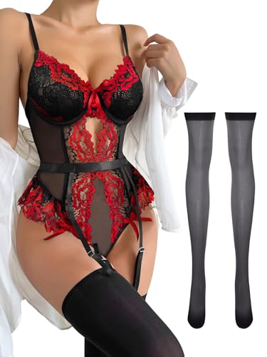 Image of Sexy Stocking Lace Mesh Bodysuit Top Underwire Garter Lingerie Set 3 Piece