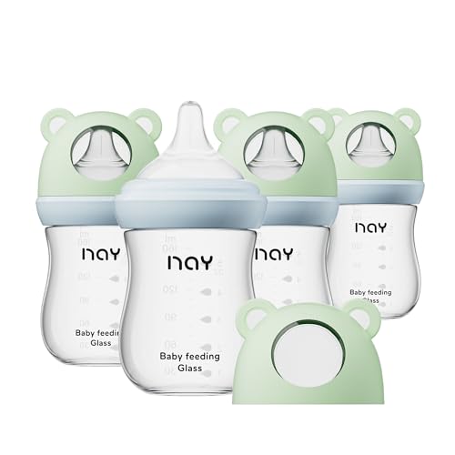 Image of yanyoyo Natural Glass Baby Bottle for Breastfeeding Babies, 5.4oz Anti-Colic Baby Bottle with Natural Response Nipple(S), Clear, Wide Neck, 4 Pack, 1 Months+