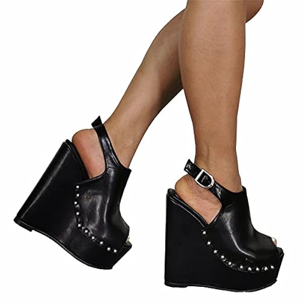 Höga klackar 15 CM Svart Nit Kilklack Damsandaler Plus Size Plattformssandaler, Svart-39 Happy house