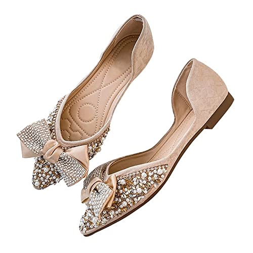 TN TANGNEST Womens Ballet Flats Fashion Bowknot Pointed Toe Flats Shiny Rhinestone Flats Comfort Slip On Dress Shoes Apricot 39(7.5)