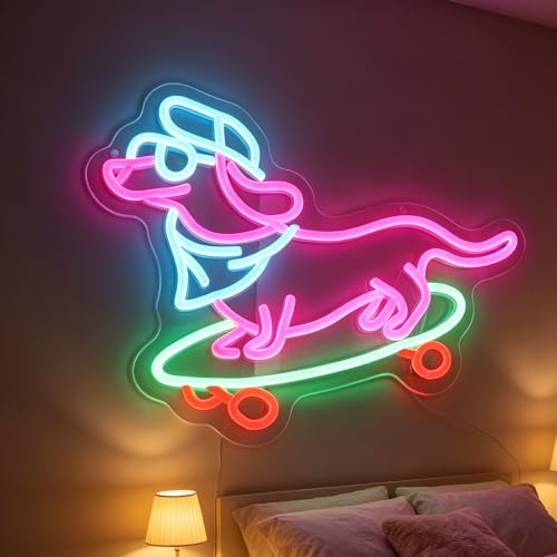 Image of Dachshund Skateboarding Dog Neon Sign - Funny Wiener Dog on Skateboard LED Light for Game Room Man Cave Bedroom Wall Decor, Dimmable USB Powered, Cool Unique Gift for Dachshund Owner Dog Lovers Skateboarder Christmas Birthday (Warm White)