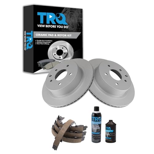 Image of TRQ Rear Brake Pad & Rotor Kit, with Chemical Kit Parking Brake Shoe Set Ceramic Premium G-Coated Compatible with 2003-2005 Infiniti G35 Nissan 350Z