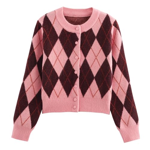 KEOMUD Argyle Sweater Women Vintage Knit Cardigan Sweater Long Sleeve Button Down Soft Outwear for...