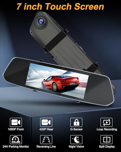 NHOPEEW 7 pulgadas Espejo Dash Cam con Vista Delantera y Trasera Cámaras Duales - Sensor de Gravedad/Visión Nocturna/Grabación en Bucle/Detección de Movimiento/Monitor de Aparcamiento + 64G Tarjeta SD - imagen 2