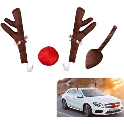 Gseigvee 4 PCS Car Christmas Body Decoration Pendant Kit, 4.72" x 17.72" Roof Elk Antlers with Ribbon Bells + 5.91" Grille Nose + 18.11" x 5.31" Trunk Deer Tail Christmas Ornaments (Brown) Cover