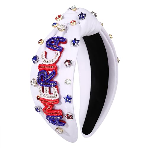 mokkia 4th of July Headband for Women American Flag Star Knotted Headbands Red White and Blue Rhinestone Crystal Top Knot Headbands Patriotic 4th of July Accessories Party Favors (American White)