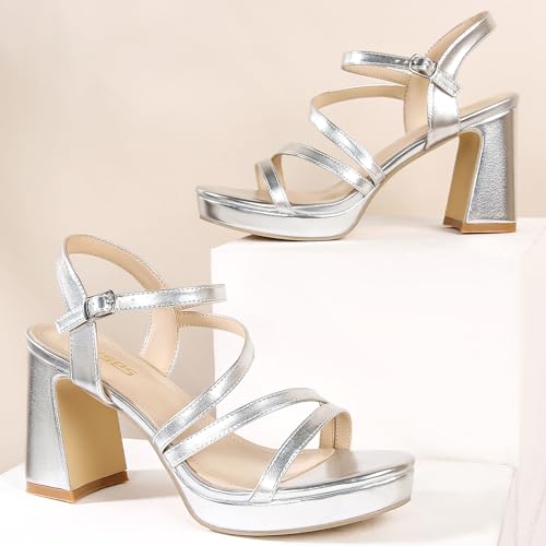 Image of rsxses Silver Platform Heels for Women Chunky Sandals Womens Block Heels Ankle Strap Pumps Open Toe Wedding Praty Shoes Size 9