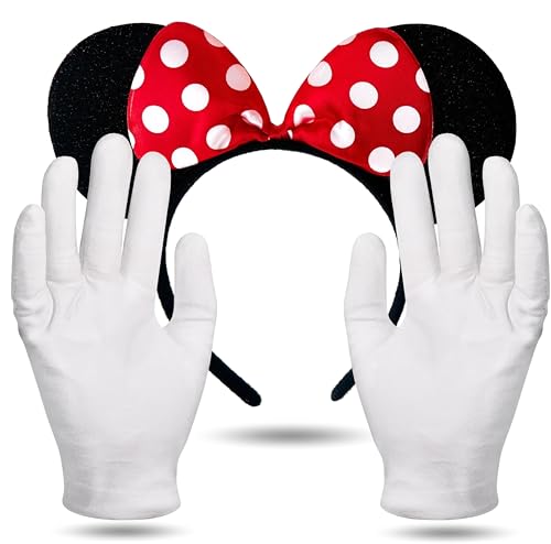 2er Set Mausohren – Minnie Maus Kostüm Set mit Ohren und Handschuhen für Damen an Fasching & Karneval