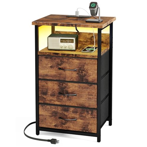 Image of Fixwal Night Stand with Charging Station, LED Nightstand with Fabric Drawers, End Table with PU Finish, Bed Side Table, Rustic Brown