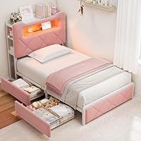 Twin Upholstered LED Bed Frame with 2 Storage Drawers and 2-Tier Storage Bookcase Headboard, Velvet Princess Platform Bed for Kids/Girls/Boys, Heavy Duty Metal Support, No Box Spring Needed, Pink