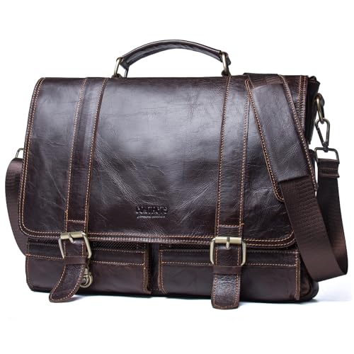 Image of Top Grain Leather 14.2 inch Laptop Briefcase Crossbody Handbag, Vintage Design & Multi Pockets, Fits to MacBook Pro /Air 14 inch /13.3 inch /13.6 inch 2021 2022 M1 Pro /M1 Max & A4 /A5 Paper, Coffee 14.2 Inch