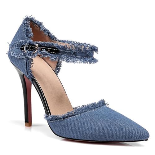 Women’s Denim Tassel Pointed Toe Stiletto Pumps with Ankle Strap Sexy Cutout High Heels Wedding Party Dress Pumps Prom Daily Classic Office Lady Work Shoes