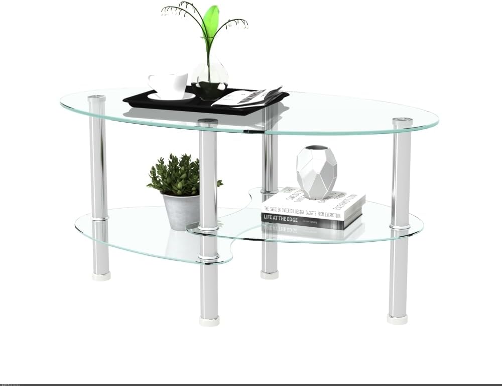 Transparent Oval Glass Coffee Table, Modern Table with Stainless Steel Leg, Tea Table 3-Layer Glass Table for Living Room (Transparent + Glass)