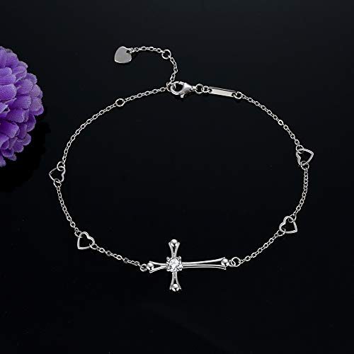 Cross Ankle Bracelet For Women, 925 Sterling Silver Charm Adjustable Foot Anklet, Large Cross Bracelet (One Cubic Zirconia Diamond Cross) #TOP2