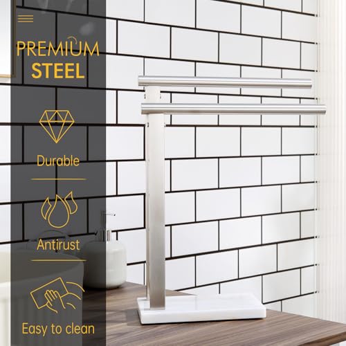Image of KOKOSIRI Hand Towel Holders Standing Towel Bars 2-Tier with Marble Base for Bathroom Vanity Countertop, Brushed Stainless Steel 15.7'' Height THS0007-BR