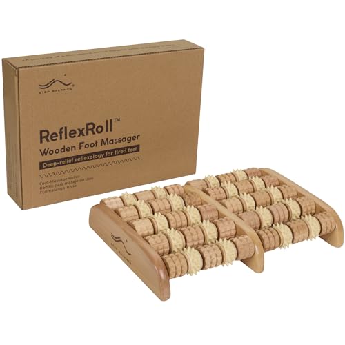 Step Balance ReflexRoll Rouleau de massage des pieds en bois 50 rouleaux double texture Réflexologie profonde Acupression Shiatsu Base antidérapante 29 cm...