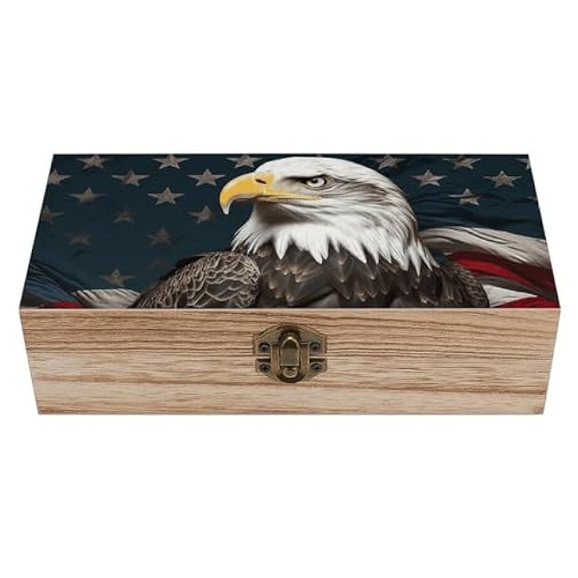 Wooden Storage Box American Bald Eagle Sitting on Flag Ribbon Wood Gift Box with Hinged Lid Vintage Decorative Jewelry Boxes Memory Box for Jewelry Art Hobbies Home Storage Treasure Keepsake Gift 7.9'