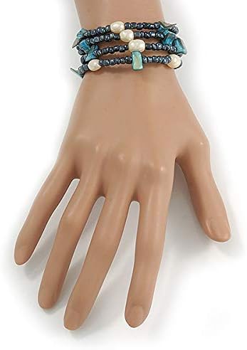 Avalaya Multistrand Glass, Shell, Faux Pearl Bead Flex Bracelet (Hematite, Blue, Off White), 17cm L, dark grey, white / ivory - Image 3