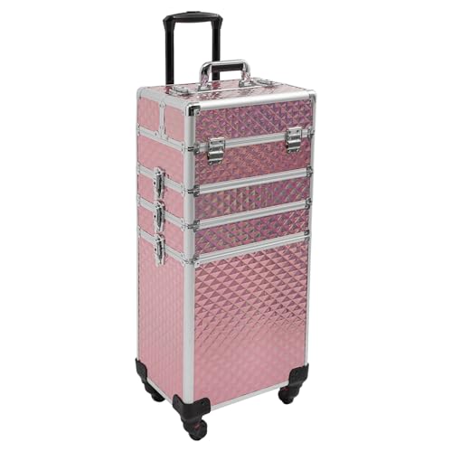 Maletín de maquillaje con ruedas 4 en 1, color rosa