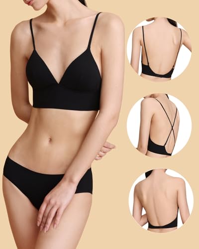 Image of Organic Cotton Low Back Bralette for Women Wireless Padded Thin Strap Backless Everyday Bra