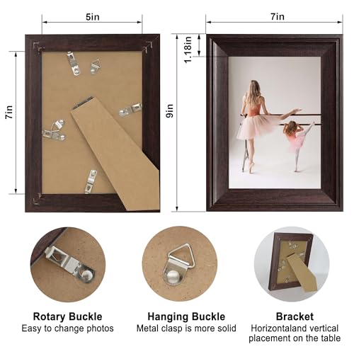 Image of iRahmen 5x7 Picture Frame Set of 4, Dark Brown Rustic Retro Photo Frame with Real Glass, 5 x 7 Frames for Wall Mount and Tabletop Display
