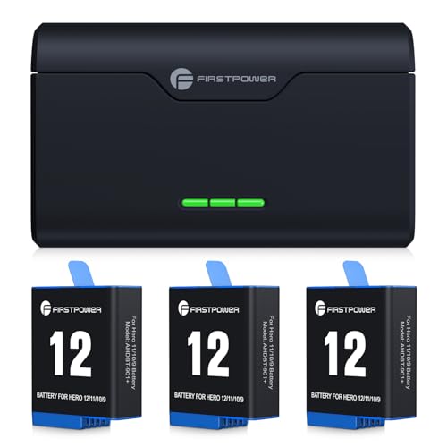 FirstPower Hero 12/11/10/9 Battery 3-Pack 2250mAh and Triple Slot USB Fast Charger Fully Compatible with Gopro Hero 12 11 10 9 Camera Black