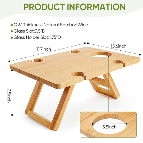 Dumbpec Bamboo Wine Picnic Table, Foldable Portable Charcuterie Tray with Bottle Slot and 4 Glass Holders, 15.6 x 11.7 x 7.5 in, for Beach, Park, Camping by Dumbpec - Used condition - Image 3