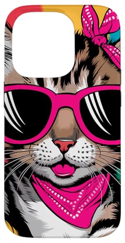 iPhone 14 Pro Colorful Vintage Kitten Wearing Oversized Sunglasses Case