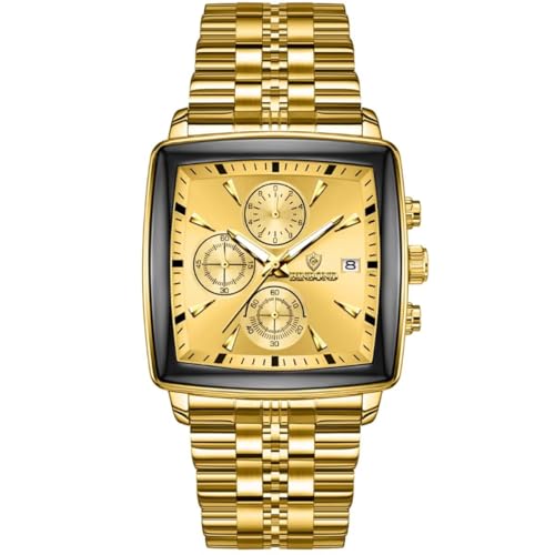 W WOLF-CUB Square Mens Quartz Watch Waterproof Night Light Chronograph Calendar Mens Watch Stainless Steel with Box