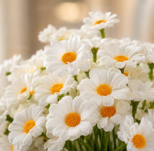 Image of Divyakosh Artificial Daisy Flowers Bunch for Home Decor, Pack of 5 with 150 White Flowers, Faux Floral Arrangement for Vase, Living Room, Wedding, Festive & Party Decoration
