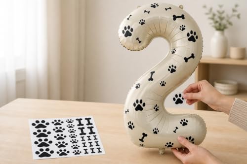 Image of 40 Inch Cream Beige Number 2 Foil Balloon DIY with Dog Paw Bone Stickers