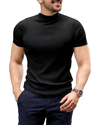 Astoseu Men's Turtleneck T-Shirts Slim Fit Short Sleeve Basic Tops Lightweight Mockneck Sweater Black Xl #TOP16