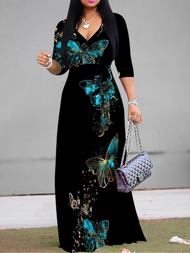 Image of SUZONANA Plus Size Dresses for Women Print Maxi Dresses Flowy 3 /4 Sleeve with Belt
