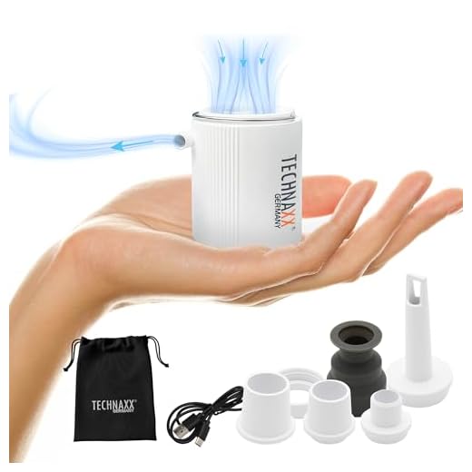 Technaxx Mini-Akku-Luftpumpe TX-261 – Kompakte elektrische Luftpumpe mit 180 L/Min, integriertem LED-Campinglicht (bis 400 Lumen), 5 Düsen, wiederaufladbarer Akku – ideal für Camping, Strand & Outdoor