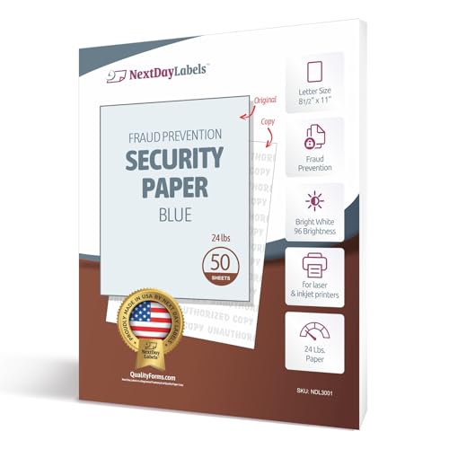 NextDayLabels Blue Security Paper – Multi-Purpose – UNAUTHORIZED COPY – Fraud Prevention – Laser & Inkjet Printer Compatible – 8.5" x 11“ – 24 lb – 50 Sheets