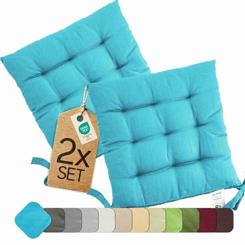 etérea Sitzkissen Stuhl 40x40 2er Set innen - Stuhlkissen Türkis - Sitzauflage Stuhl, Gartenstuhl, Indoor, Outdoor - waschbare Sitzpolster - 2 Stück Kissen 40x40 mit Bänder - Hellblau