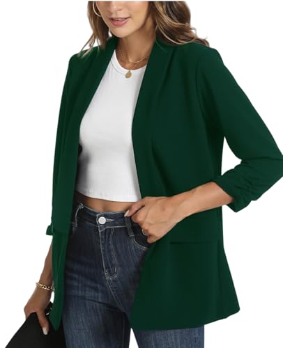 Blazer décontracté froncé manches 3/4 veste fluide femme avec poches avant