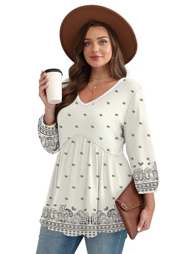 Image of OFEEFAN 3 /4 Length Sleeve Womens Tops 2026 Blouses for Women Dressy Casual Fashion Clothing V Neck Babydoll Tops Fall Outfits