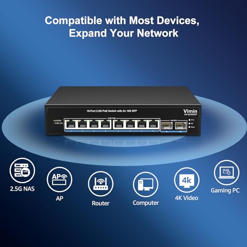 Image of VIMIN 10-Port 2.5G PoE Switch Unmanaged, 8X 2.5G Base-T PoE Ports, 2X 10Gbps SFP, 8 Port PoE Switch w / 60Gbps Ethernet Switching Capacity, Support IEEE802.3af /at, 65W, VLAN, Metal Housing, Fanless