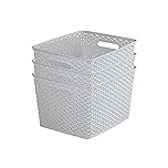 Curver My Style Rattan Effect Set of 3 Kitchen, Living Room, Bathroom, Bedroom, Utility Large Rectangular Storage Baskets 18 Litres - Light Grey